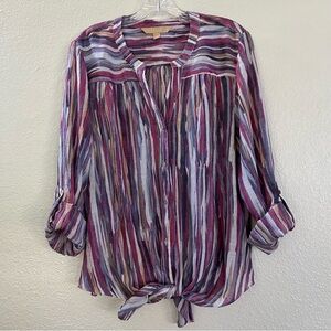 Hope & Harlow Women's Multicolor Striped Tie-Front Long Sleeve Blouse V-neck